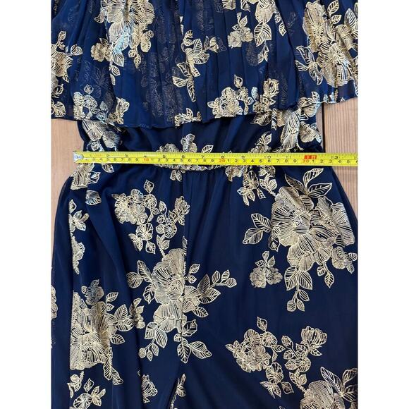 Prelude Navy And‎ Gold Floral Print Off Shoulder Ruffle Jumpsuit Large - Picture 3 of 6